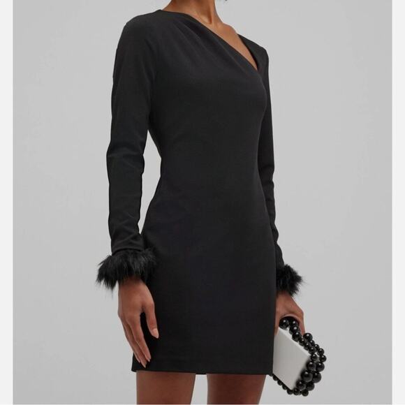 One33 Social Black Asymmetric Faux Fur-Trimmed Crepe Mini Dress - Picture 1 of 9